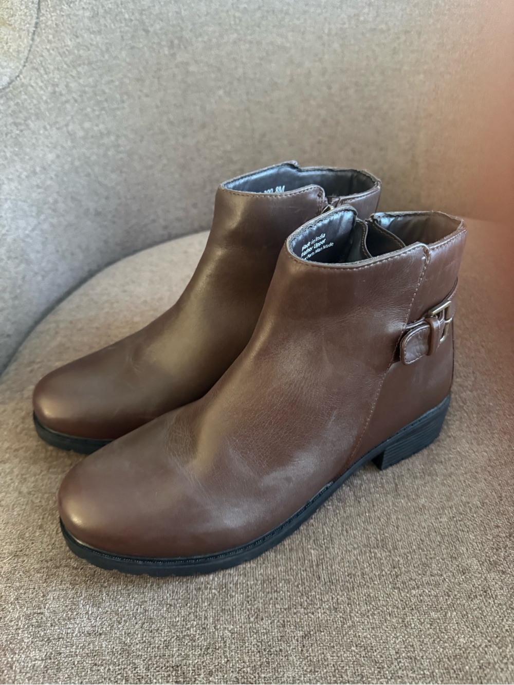 Trotters Brown Leather Ankle Boots with Side Buckle